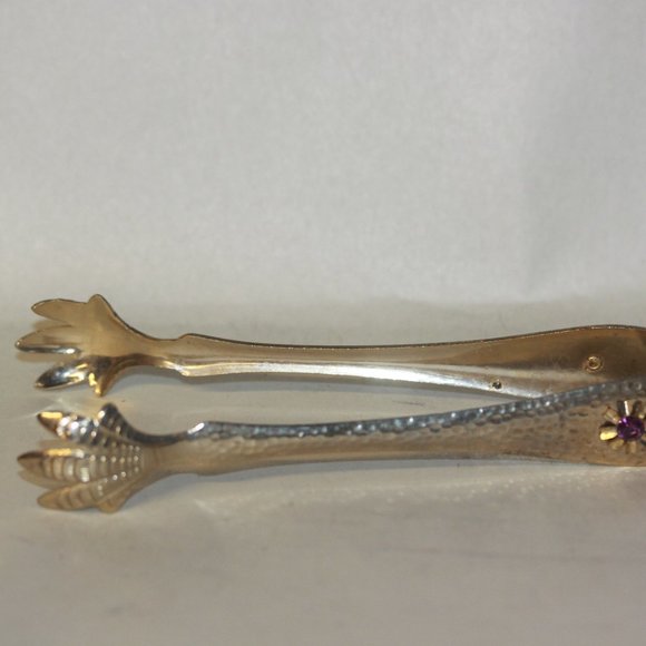 VINTAGE BAR JEWELED BIRD LEGS ICE CUBE SUGAR FORK TONGS Red, Green & Purple - Picture 1 of 4